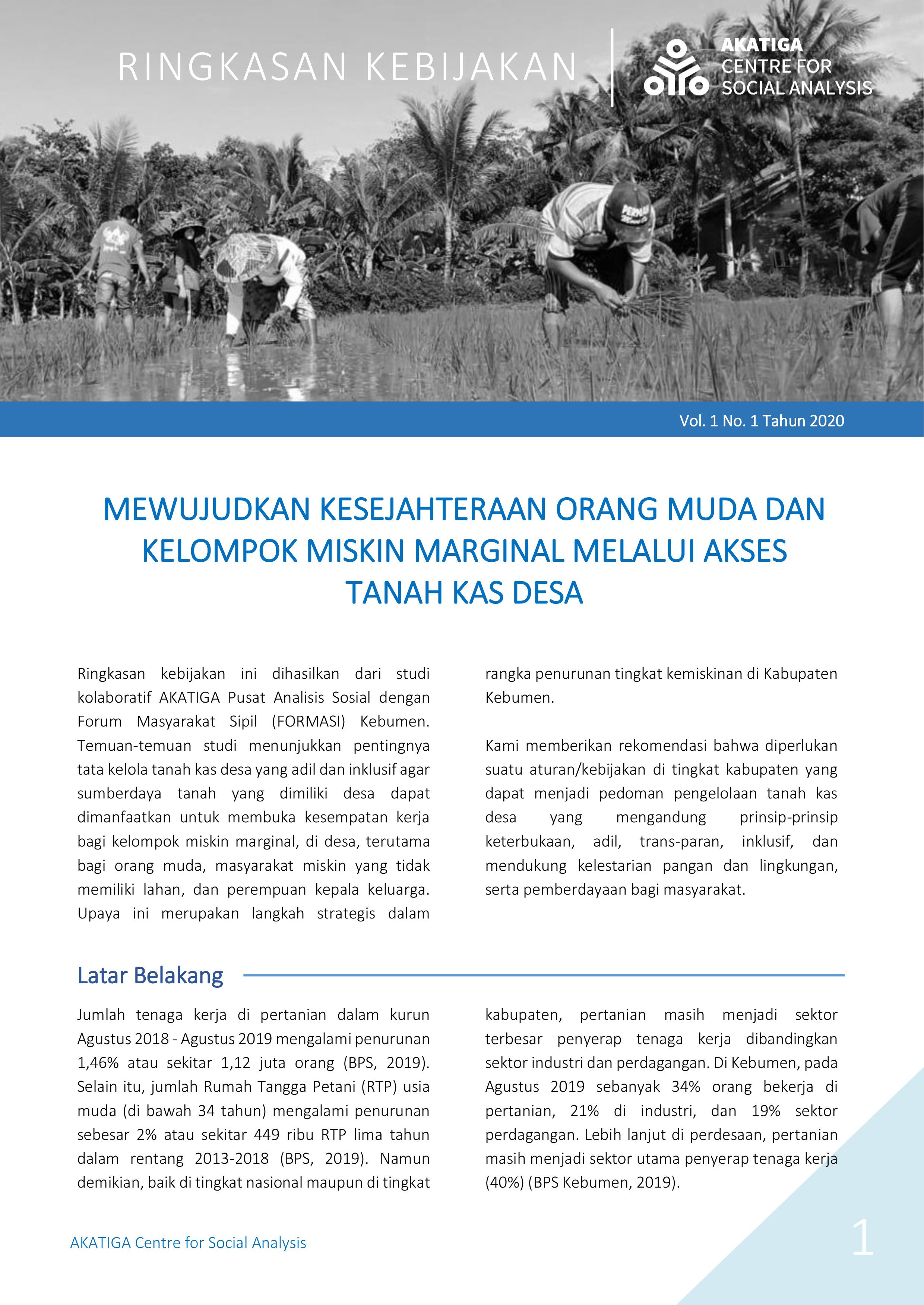 Policy Brief: Mewujudkan Kesejahteraan Orang Muda dan Kelompok Miskin Marginal Melalui Akses Tanah Kas Desa