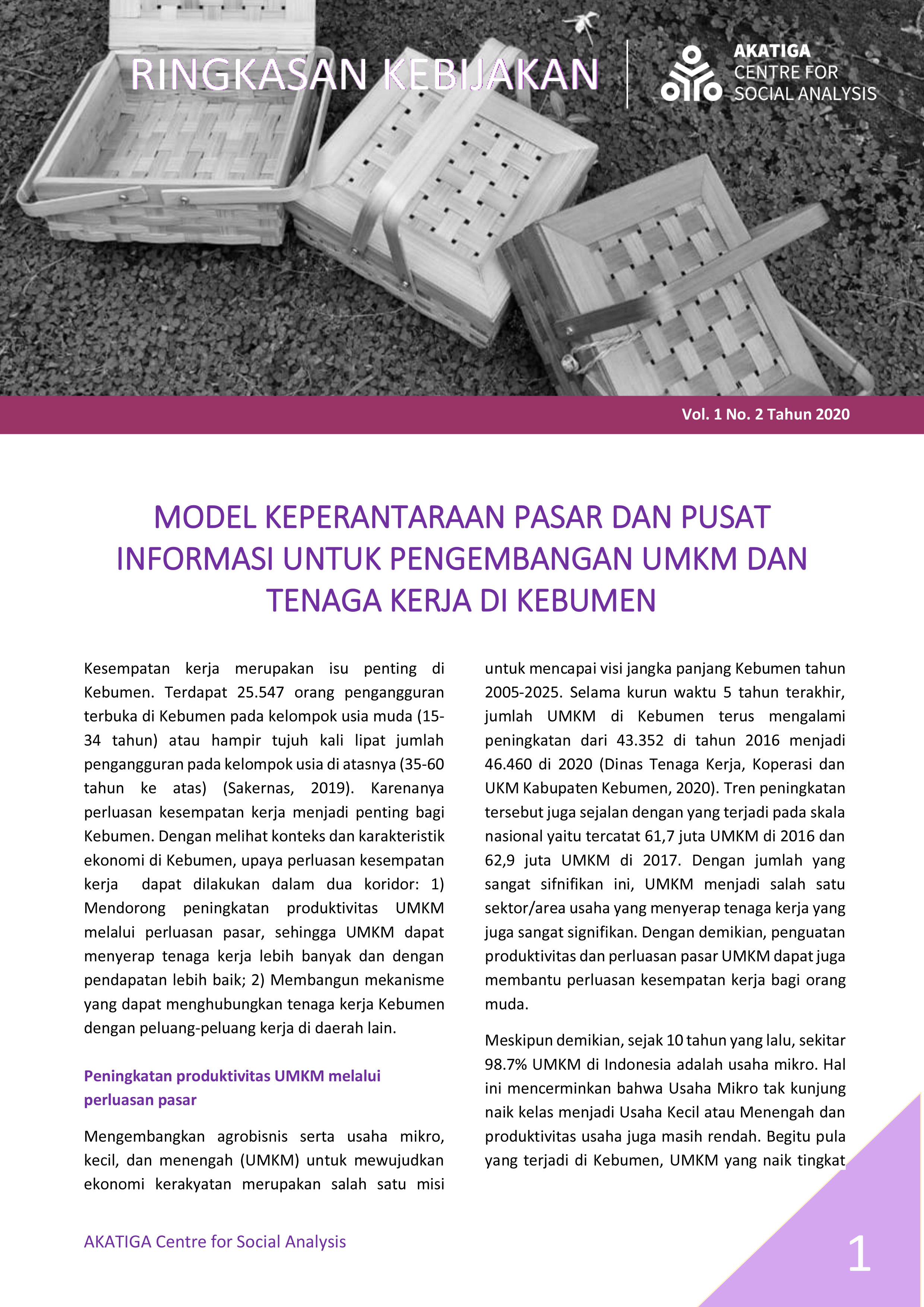 Policy Brief: Model Keperantaraan Pasar dan Pusat Informasi Untuk Pengembangan UMKM danTenaga Kerja Di Kebumen 