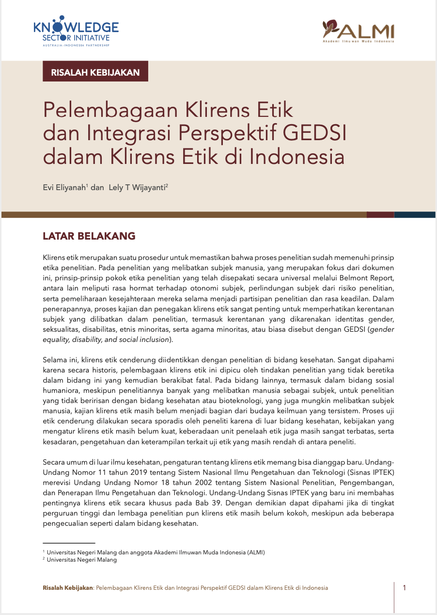 Pelembagaan Klirens Etik dan Integrasi Perspektif GEDSI dalam Klirens Etik di Indonesia